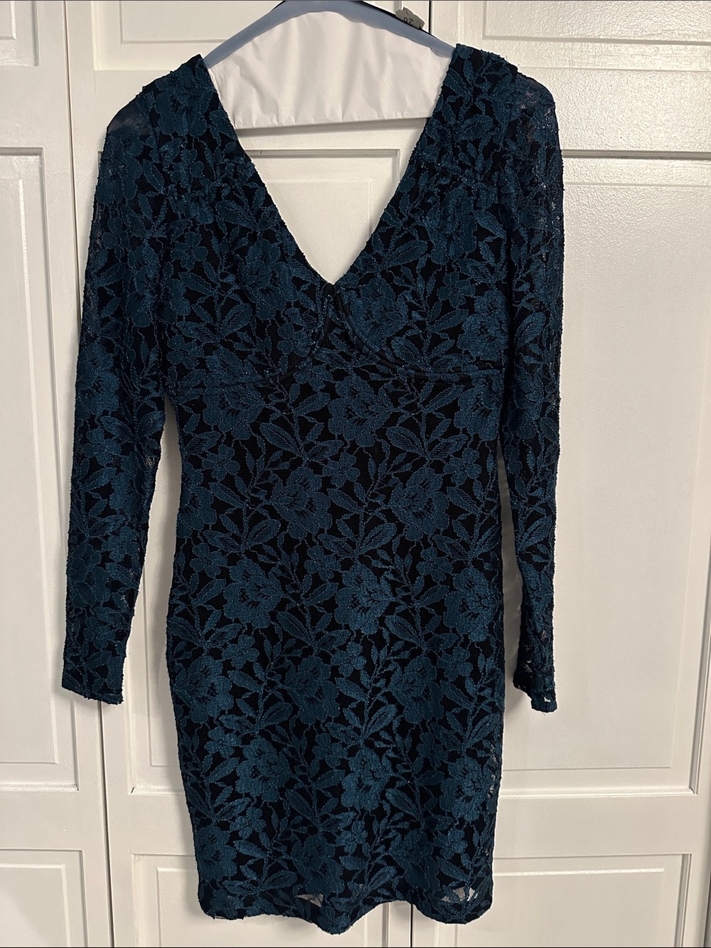 Guess Teal Lace V-Neck Long Sleeve Dress
